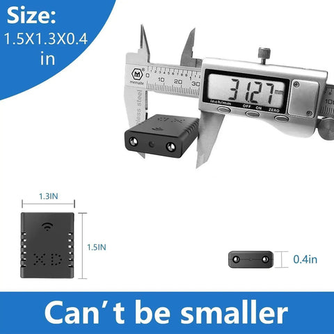 Coin Sized Hidden Spy Camera With 1080P HD WiFi next to caliper showing 31.27 mm size, highlighting ultra compact security camera dimensions.