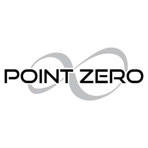 Logo of Point Zero brand featuring stylized infinity symbol in gray and black lettering.