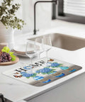 Hydrangea Pattern Dish Drying Mat for Kitchen Counter 16x18 Inches Two Sizes Available with glasses, farmhouse wood grain design