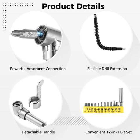 Super Cool 105 Degree Right Angle Drill Adapter Kit With Dual Attachments Flex Extender And Spiffy 12-In-1 Screwdriver Bit Set For Tight Spaces, alloy steel