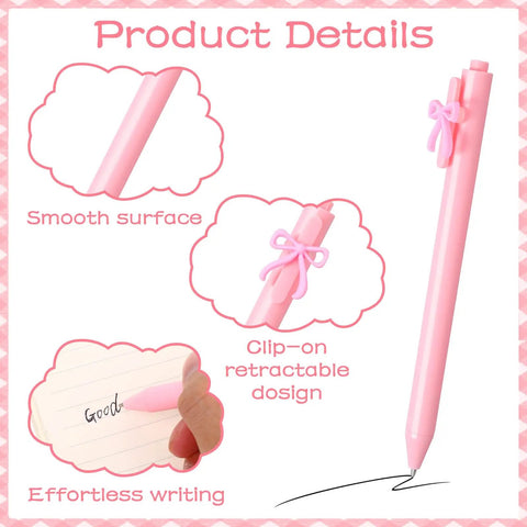 Product details of Pink Bow Pens Set 10 Pack Aesthetic Retractable Ballpoint Pens With Cute Bow Decor, Smooth Black Ink for women.
