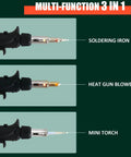 Multi-function 3 in 1: Soldering iron, heat gun blower, and mini torch from Butane Soldering Iron Kit With Self Ignition, Adjustable Flame Up To 2372 F, Cordless Soldering Heat Gun With 6 Tips, Portable Gas Soldering Torch For Electrical Maintenance And DIY Projects.