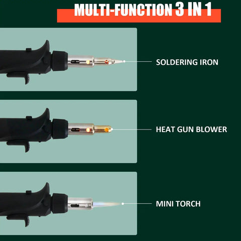 Multi-function 3 in 1: Soldering iron, heat gun blower, and mini torch from Butane Soldering Iron Kit With Self Ignition, Adjustable Flame Up To 2372 F, Cordless Soldering Heat Gun With 6 Tips, Portable Gas Soldering Torch For Electrical Maintenance And DIY Projects.
