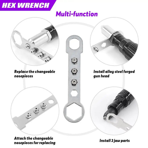211Pcs Black Alloy Steel Electric Rivet Gun Adapter Kit with changeable nosepieces, alloy steel gun head, handle wrench, and jaw parts