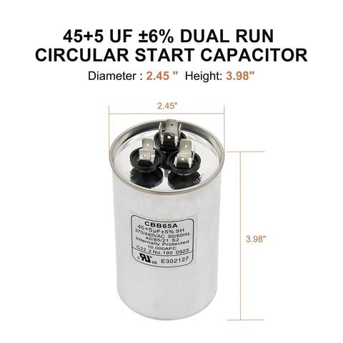 Beefy 45 Slash 5 Microfarad Start Capacitor 45 Slash 5 MFD With 6 Percent Tolerance 370V 440VAC CBB65 Dual Run Circular Round