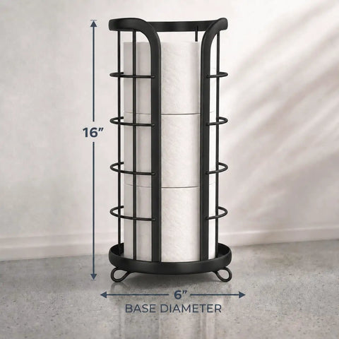 Free Standing Toilet Paper Holder With Storage That Holds Mega Rolls Black Modern Bathroom Organizer Space Saving Toilet Paper Stand Easy Access Tissue Holder On Deck, showing dimensions
