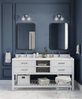 Bathroom with Coastal Vibe 2 Light Bath Vanity Light and clear glass globes in polished nickel, urban industrial style for remodels.