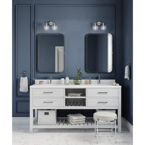 Bathroom with Coastal Vibe 2 Light Bath Vanity Light and clear glass globes in polished nickel, urban industrial style for remodels.