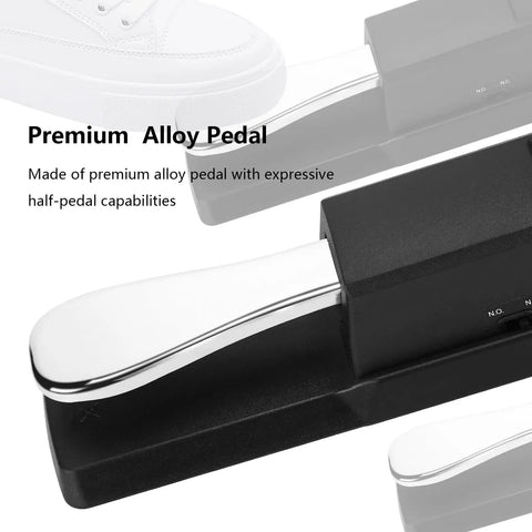 Premium alloy pedal with smooth design and text overlay for Sustain Pedal For Keyboard Universal With Polarity Switch And One Quarter Inch Plug.