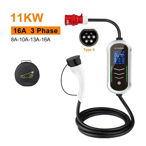 Portable Type2 EV Charger 11KW Fast Charge Hub With 16 Amp Output Seamless Plug And Play Electric Vehicle Station with 5m cord.