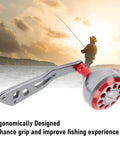 Upgrade Your Gear With This Sweet Pongnas Aluminum Alloy Baitcasting Reel Power Handle, Featuring A Lightweight Ergonomic Grip Knob And Universal Fit Kit For Smooth Casting Action Perfect For Red Fishing Adventures. red aluminum alloy baitcasting reel power handle with ergonomic grip knob, shown in fishing scene