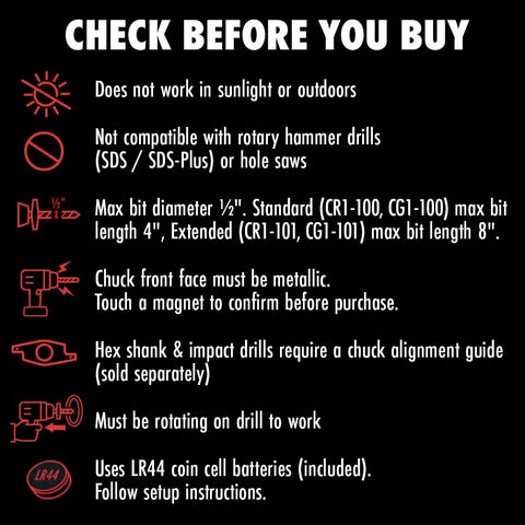 Instructional image detailing warnings and compatibility for the Magnetic Red Laser Drill Guide and its usage conditions.
