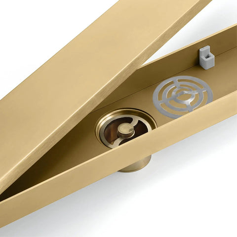 Heavy Duty Linear Shower Drain 23.6 Inch Invisible Floor Trench With Snap Off Hair Catcher Screen 304 Stainless Steel Super Fast Flow Rectangular Bathroom Fixture Brushed Gold close-up view of hair catcher and odor valve.