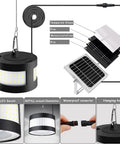 Diagram of Hanging Solar Light With 360 Degree Illumination And Remote showing components like LED beads, solar panel, and connectors.