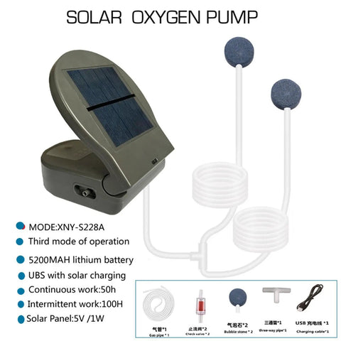 Pond Aerator With Back Clip, 3 Mode Adjustable Oxygen Pump, USB Rechargeable Portable Air Bubbler, solar panel and accessories