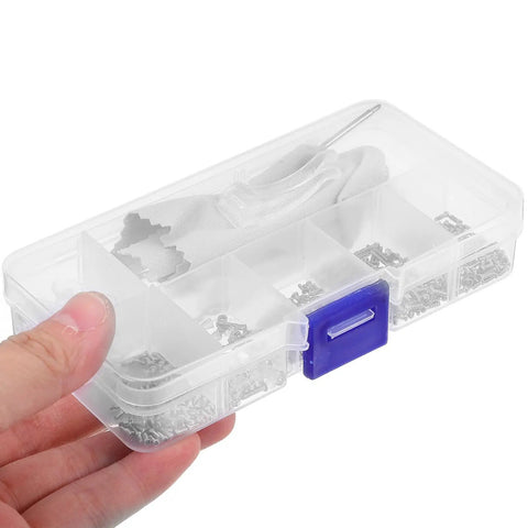 Clear plastic case containing 527 Piece Eyeglass Repair Kit With Glasses Screws, Tiny Screwdriver Set, Tweezers, Cleaning Cloth, And Portable Case For Quick On The Go Lens And Frame Fixes.