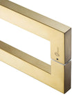 Heavy Duty Push Pull Door Handle In Stainless Steel 304 With Satin Gold Finish, 450mm 18 Inches Square Rectangle Mount For Solid Wood Timber Glass And Metal Doors, 1.2mm Wall Thickness, Boss Grade Build. satin gold rectangular handle close-up