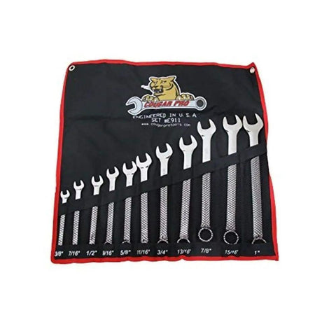 SAE Full Polish 11 Piece Combination Wrench Set Three Eighths To One Inch Chrome Plated Handles in black roll-up pouch