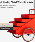 Detail of Slick Large Reverse Tricycle Vending Cart With Smooth Pedal Assist, featuring red four-tier rollout rack and strong metal wheel brackets.