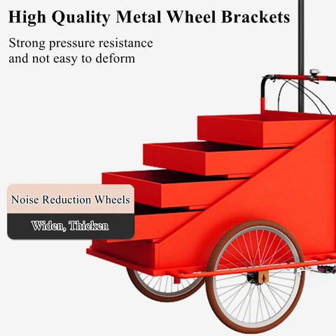 Detail of Slick Large Reverse Tricycle Vending Cart With Smooth Pedal Assist, featuring red four-tier rollout rack and strong metal wheel brackets.
