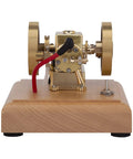 Top Tier Miniature Hit And Miss Engine 1.6cc Horizontal Four Stroke Gasoline Motor with brass flywheel on wooden base.