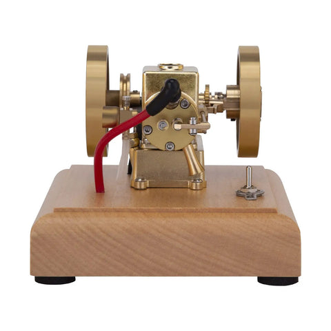 Top Tier Miniature Hit And Miss Engine 1.6cc Horizontal Four Stroke Gasoline Motor with brass flywheel on wooden base.