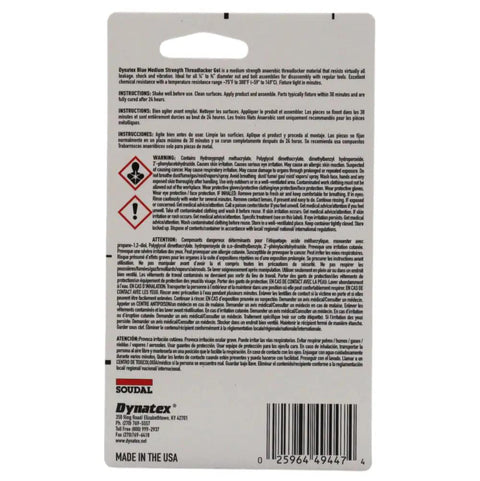 Back view of Blue Gel Threadlocker Medium Strength For Metal Fasteners Removable With Hand Tools Keeps Threads Tight In Vibration Prone Environments Solvent Resistant 0.20 Oz Bottle Pack Of 3 packaging showing instructions and warnings.