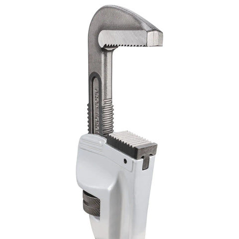 Aluminum Heavy-Duty Adjustable 36-Inch Straight Pipe Wrench With Precision Milled Jaws For Superior Grip And Durability, close-up view.