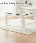 1.6 By 1.6 Inch L Shaped Silicone Corner Guards For Furniture Edges White 4 Pack on a glass-top table edge in a living room.
