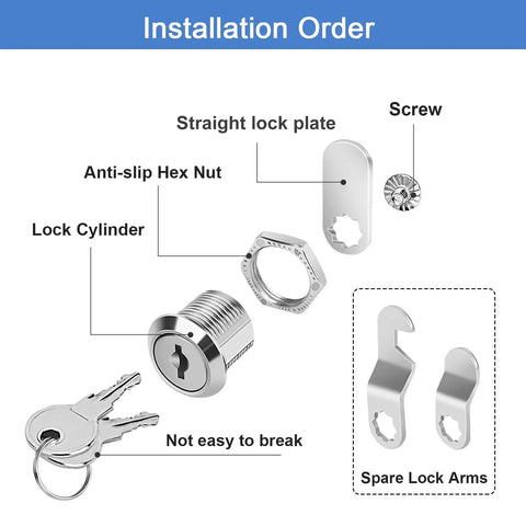 Five Eighths Inch Zinc Alloy Cam Locks Set With Keys, Keyed Alike, Eight Pack installation parts diagram with labels
