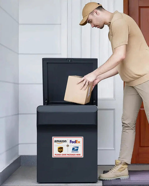 Weather Resistant Aluminum Package Delivery Sign 8X12 Please Leave Packages Here For Carriers on a parcel drop box.
