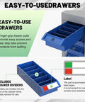 Close-up of Heavy Duty 75 Drawer Parts Cabinet with adjustable ABS drawers, label tabs, and dividers for nuts, bolts, screws.