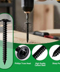 195 Piece Black Wood Screws And Drywall Screws Kit with flat head and Phillips truss head screws being drilled into wood.