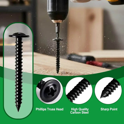 195 Piece Black Wood Screws And Drywall Screws Kit with flat head and Phillips truss head screws being drilled into wood.