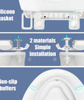 Elongated Toilet Seat With Built In Toddler Seat And Soft Close for easy installation details, silicone gasket and non-slip buffers.