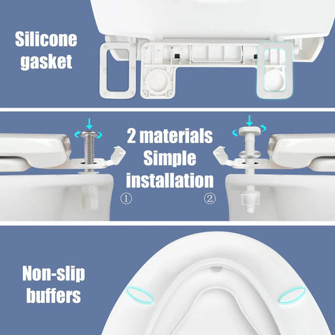 Elongated Toilet Seat With Built In Toddler Seat And Soft Close for easy installation details, silicone gasket and non-slip buffers.