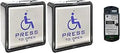 Wireless And Wired Handicapped Push Button 2-Pack 4.5 Inch Square Stainless Steel Push Panel Works With Door Opener WiFi Function Compatible With Alexa Google Assistant And Phone App. Two silver panels and rear view.