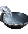USZWBY Blue Bathroom Vessel Sink, Round 16.5" Tempered Glass Vessel Vanity Sink with waterfall faucet and water flow.