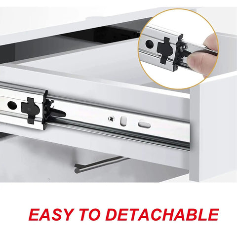 Close-up of Beefy Soft Close Drawer Slides Pair, 30 Inch Heavy Duty Rails, 2mm Thick Metal, showing detachable mechanism