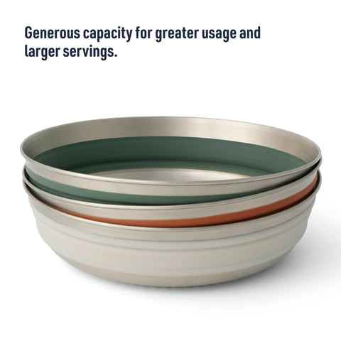 Detour Stainless Steel Collapsible Camping Bowl Medium 22 Oz Green, stacked view showcasing nested design and capacity