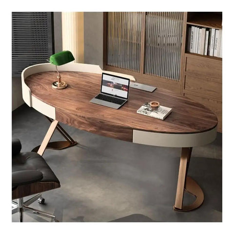 Top Shelf Ergonomic Standing Desk With Integrated Monitor Riser, Versatile Ash Wood Computer Table, oval shape with laptop.