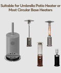Stability Boost Outdoor Heater Weight Bag with sand or water fill, shown with various patio heaters, black, weatherproof.