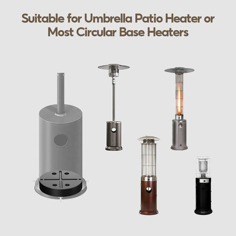 Stability Boost Outdoor Heater Weight Bag with sand or water fill, shown with various patio heaters, black, weatherproof.