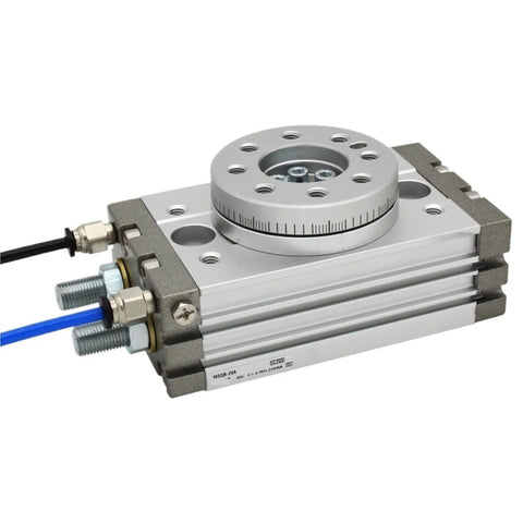Pneumatic rotary actuator with aluminum body, mounting flange, and blue/black hose fittings