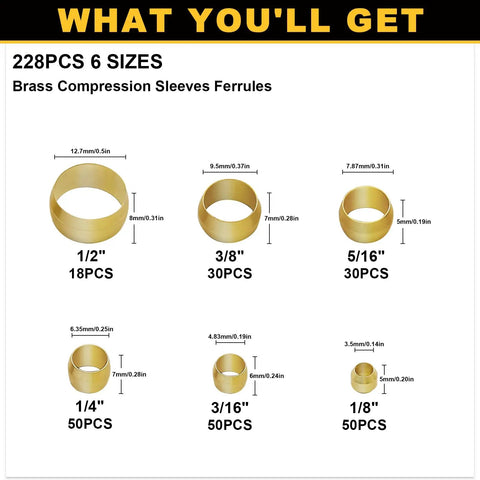 228 Piece Brass Compression Sleeve Ferrule Kit For One Eighth To One Half Inch Tubing, six sizes shown with dimensions.