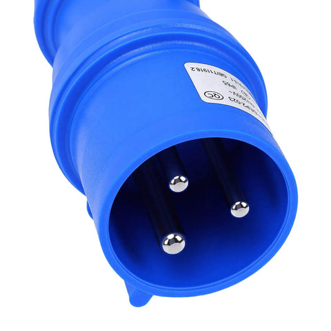 No Sweat Plug And Play Level 2 EV Charger 7kW 32A Wall Mount blue socket view showing three metal prongs for electric car charging.