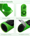 Six Piece Foam Pipe Cutter Set details with green plastic, 90 and 45 degree cutting angles, and space-saving storage.