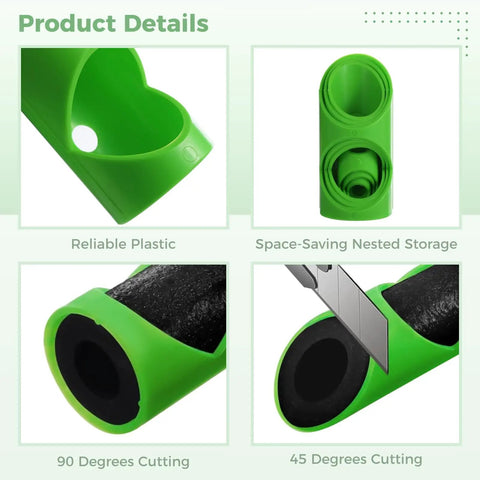 Six Piece Foam Pipe Cutter Set details with green plastic, 90 and 45 degree cutting angles, and space-saving storage.