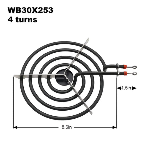 Four Piece Surface Burner Element Replacement Set for GE Hotpoint Stoves 6 Inch WB30X254 and 8 Inch WB30X253 Elements 1250W and 2100W Easy Install Kit displayed