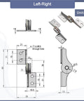 Stainless steel through-hole locate blade torque hinge, left-right, 1 piece, front and side views